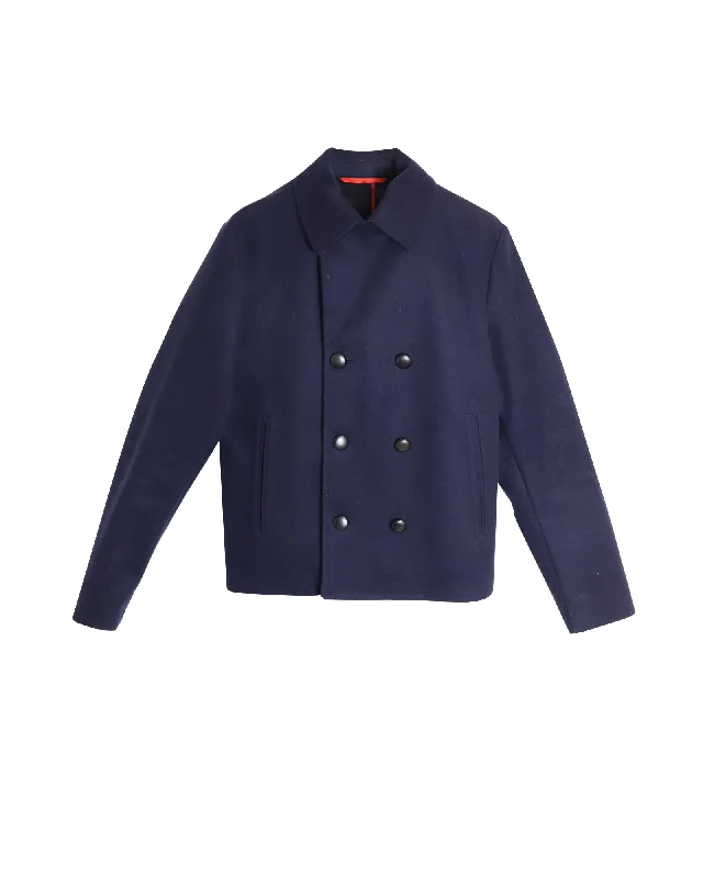 Alexander McQueen Short Pea Coat in Navy Blue Virgin Wool