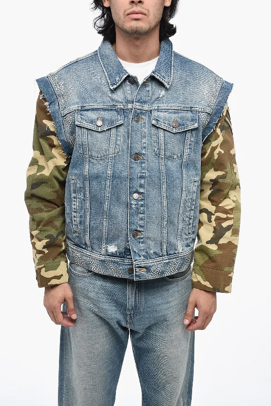 Celine Distressed Denim Jacket with Camo Printed Sleeves