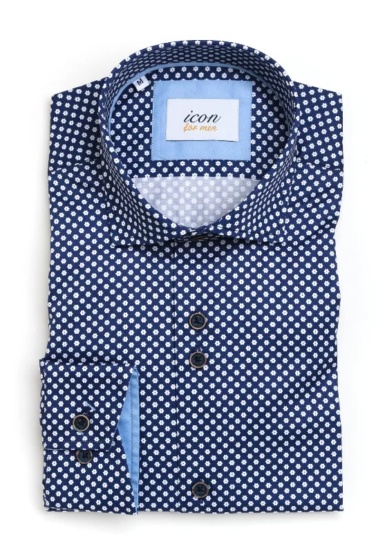 Icon for Men Flower Print Long Sleeve Shirt, Navy