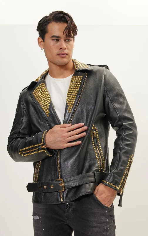 Studded Lambskin Leather Jacket  - Black Gold