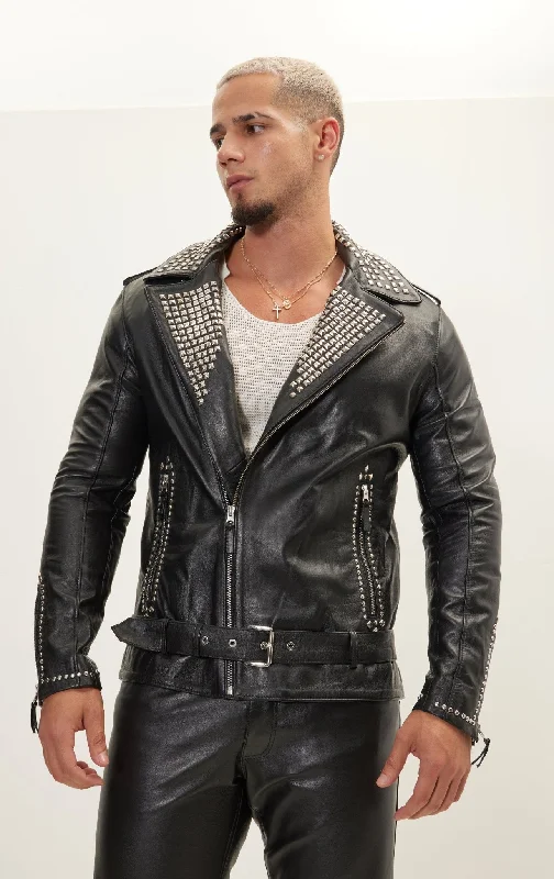 Studded Lambskin Leather Jacket - Black Silver