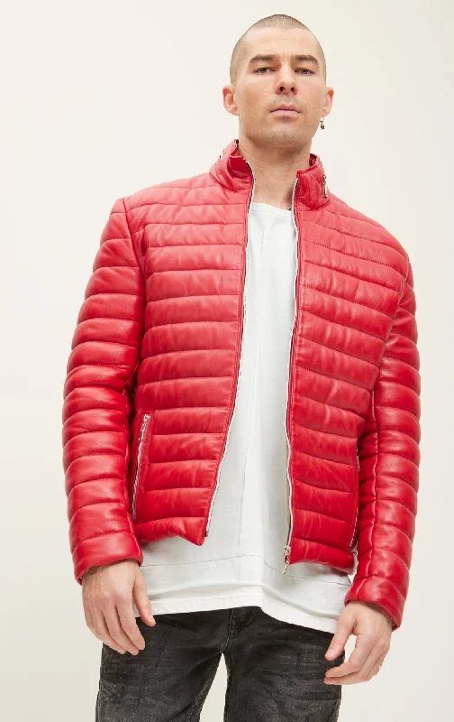 Lambskin Leather Puffer Jacket - Red