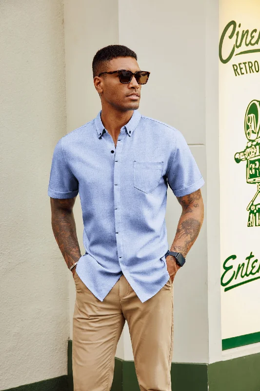 Men Hidden Placket Shirt Short Sleeve Lapel Collar Button-up Tops