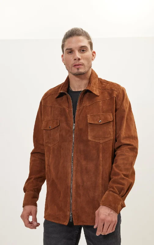 Zipper Closure Suede Leather Shirt - Cognac