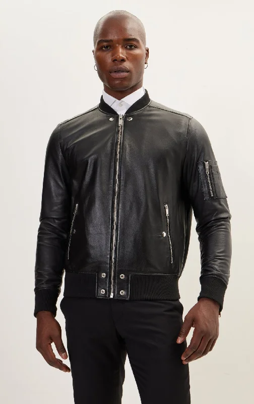 The Sleek Leather Bomber Jacket - Black