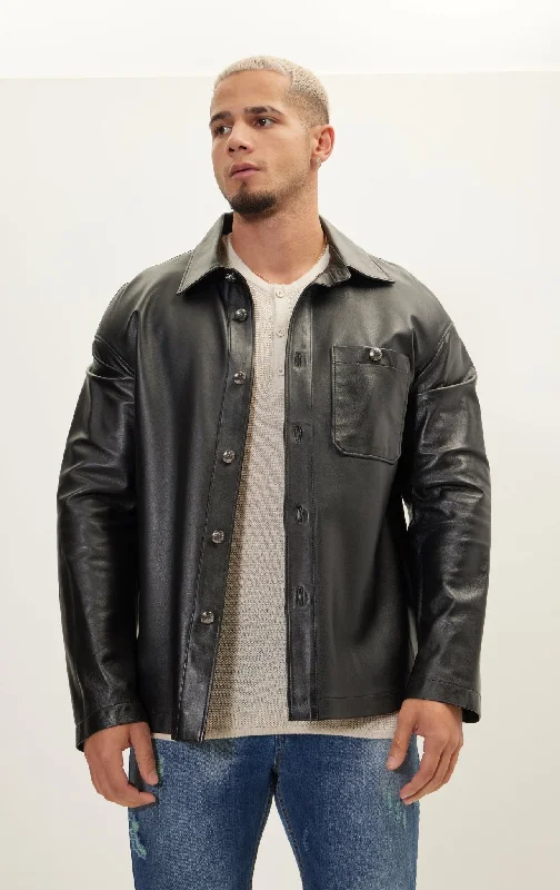 Silver Button Leather  Shirt Jacket - Black