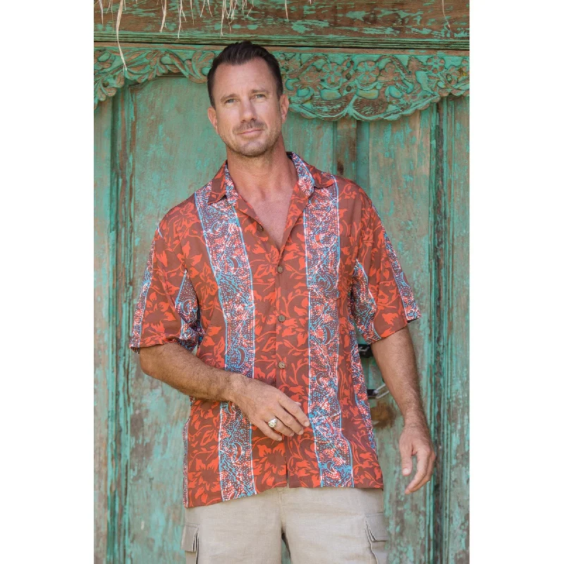 Novica Handmade Cinnabar Forest Mens Batik Rayon Shirt