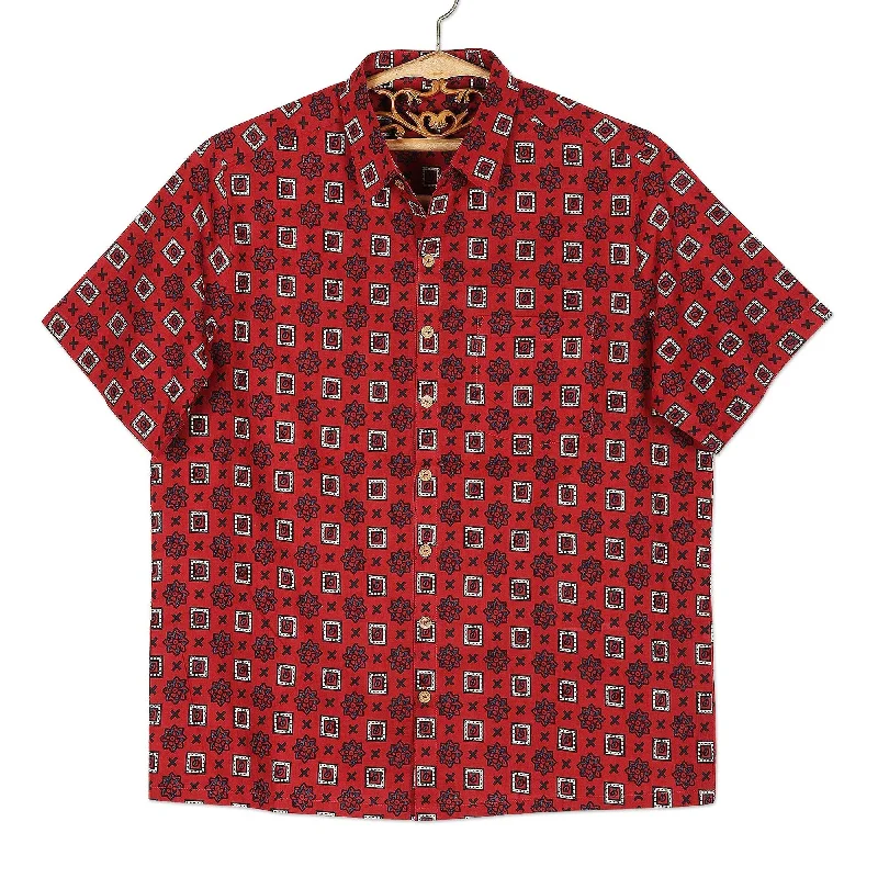 Novica Handmade Floral Labyrinth In Red Mens Cotton Shirt