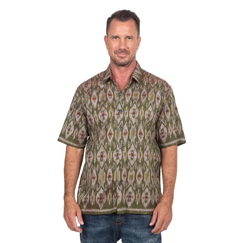 Novica Handmade Green Summer Mens Hand-Woven Ikat Cotton Shirt