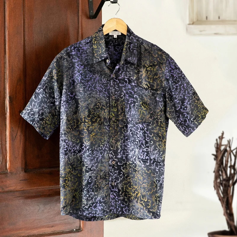 Novica Handmade Purple Floral Mens Batik Rayon Shirt