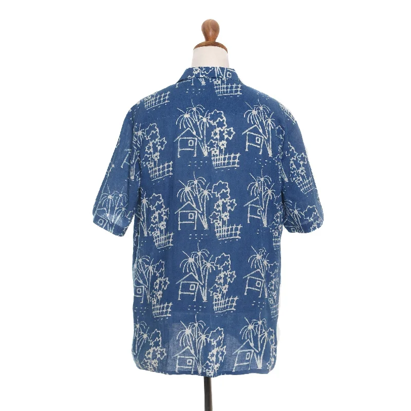 Novica Handmade Village Huts Mens Batik Linen And Cotton Blend Shirt