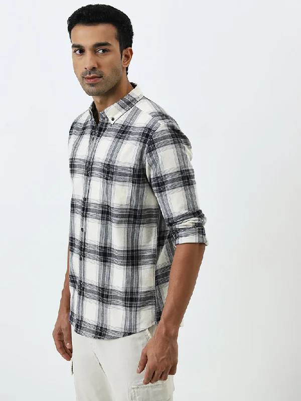 WES Casuals Black Tartan Checks Slim-Fit Cotton Shirt