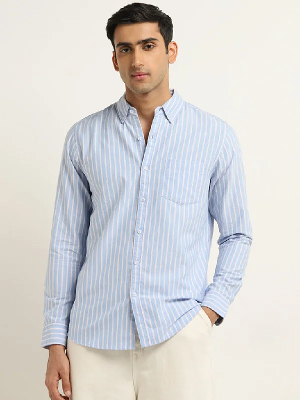 WES Casuals Blue Stripe Printed Slim-Fit Cotton Shirt