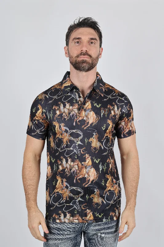 Mens Performance Fabric Modern Fit Stretch Rodeo Print Polos