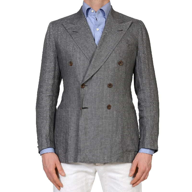 RUBINACCI Bespoke Gray Herringbone Linen Silk DB Blazer Jacket EU 50 US 38 40