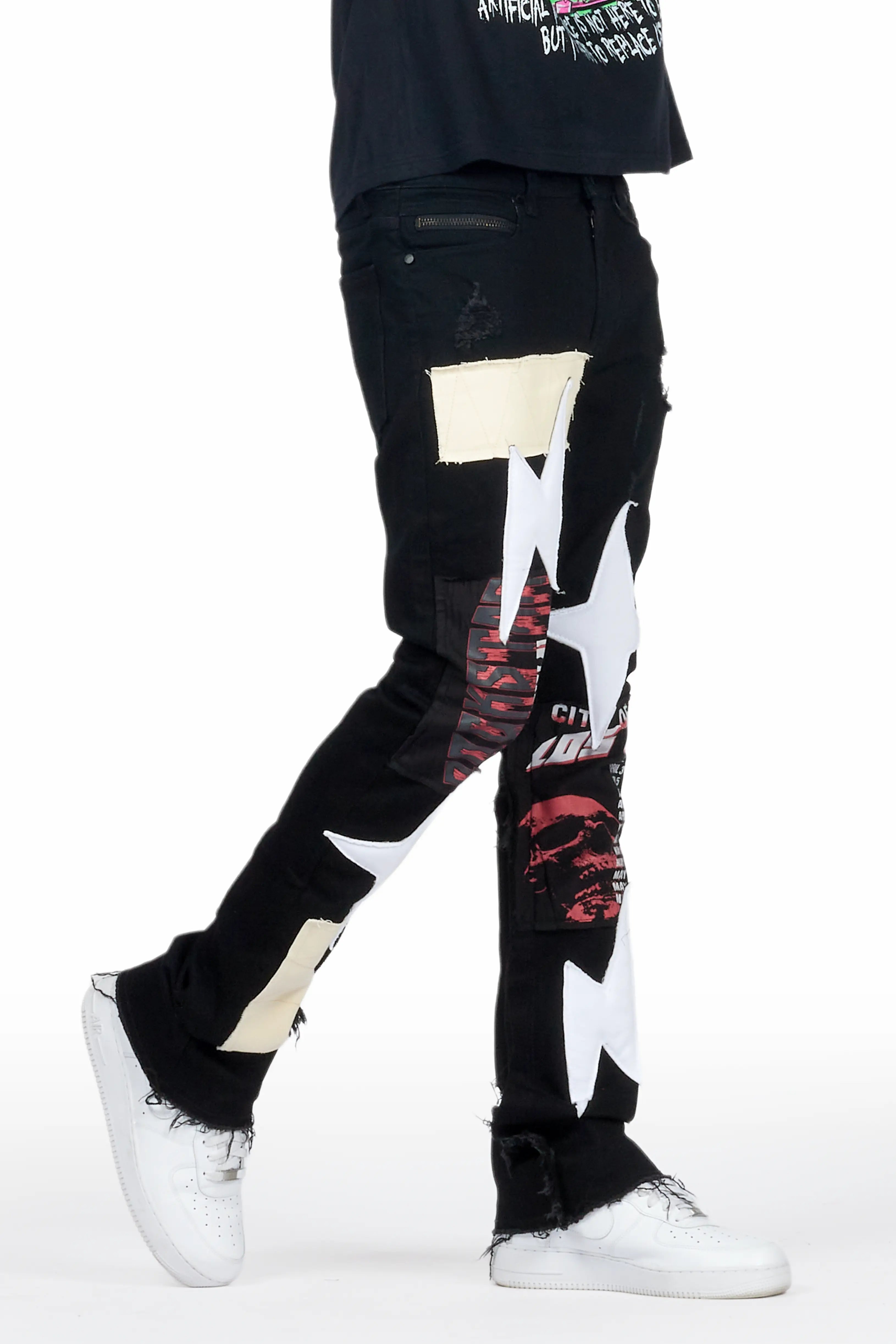 Rhys Black Patchwork Stacked Flare Jean