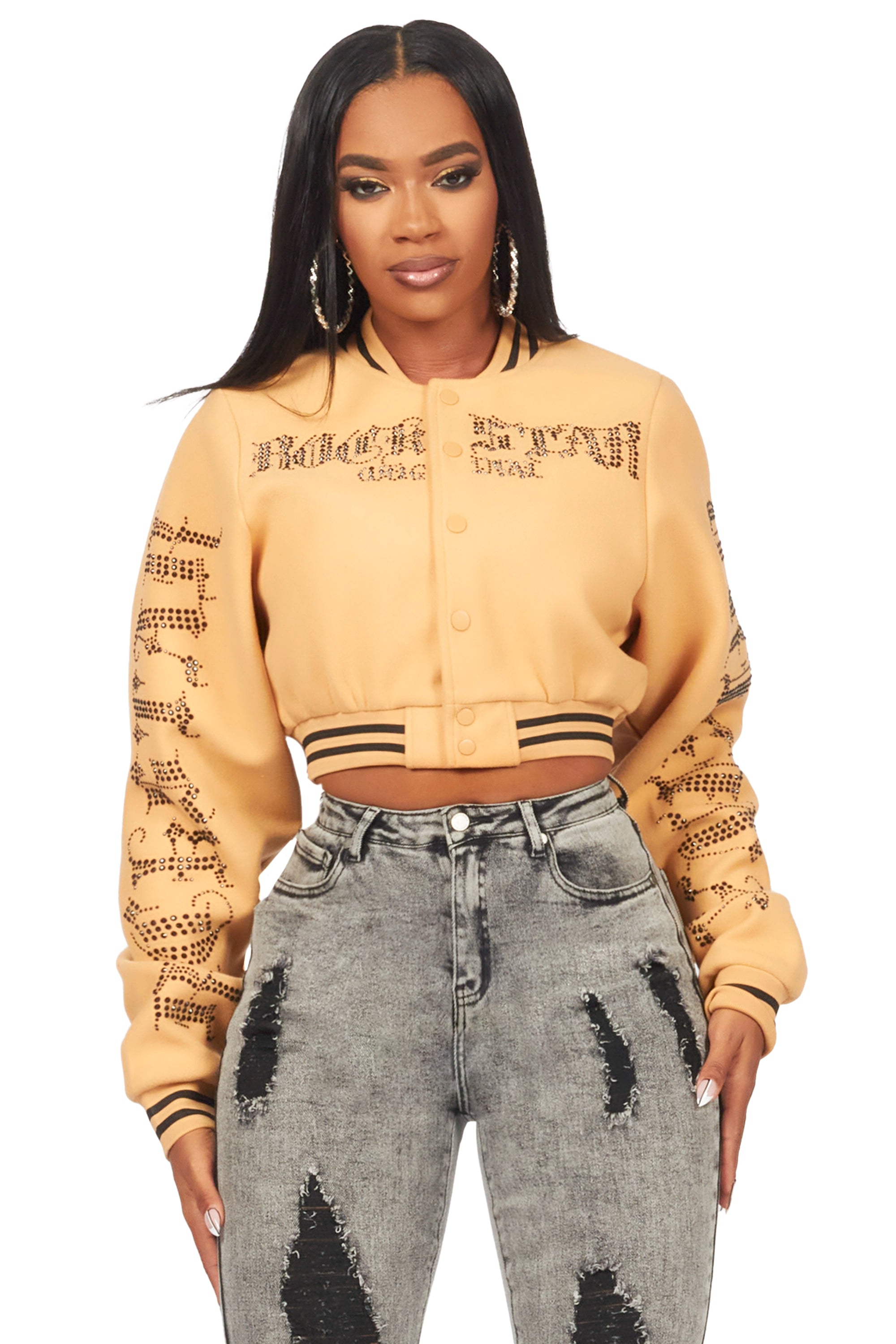 Gianni Tan Crop Rhinestone Varsity Jacket