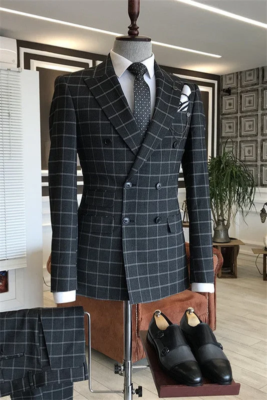 Black Peaked Lapel Double Breasted Plaid Business Suits Slim Fit Prom Suits