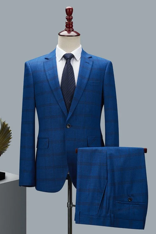 Blue Plaid Notched Lapel Two Pieces Formal Business Suits Wedding Cocktail Attire Men