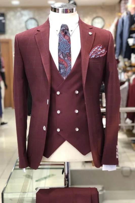 Burgundy Notched Lapel Plaid Business Suits Three Pieces Formal Wedding Attire Male