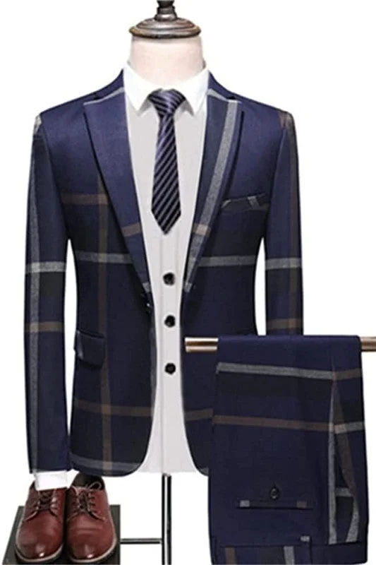 Chic Navy Blue Plaid Peaked Lapel Business Suits Two Piece Prom Suits