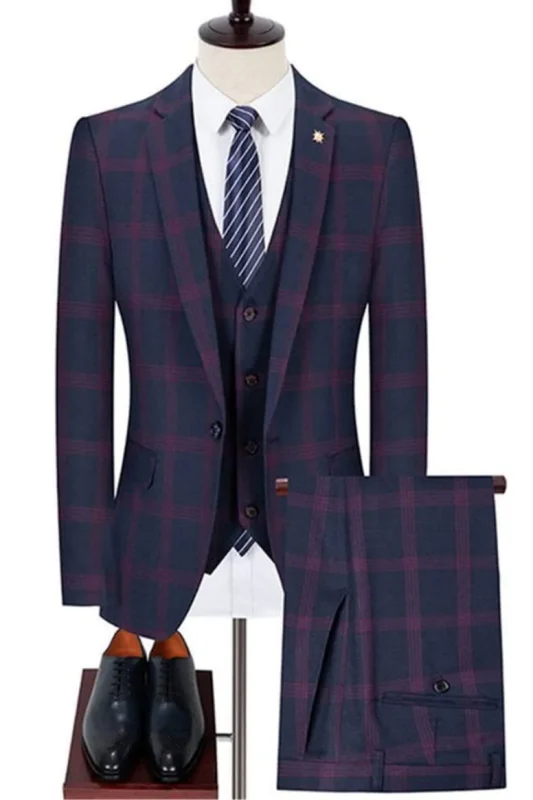 Chic Navy Blue Three Pieces Business Suits Purple Plaid Slim Fit Prom Suits