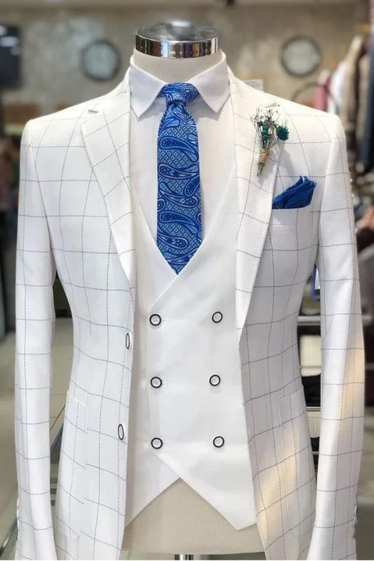 Chic White Notched Lapel Three Pieces Plaid Business Suits Groomsmen suits