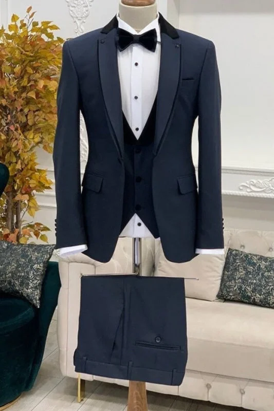 Classic Navy Blue Notched Lapel Three Pieces Business Suits Slim Fit Wedding Suits