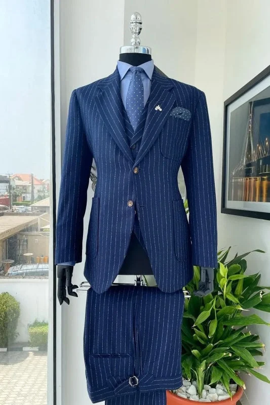 Dark Blue Striped Three Pieces Business Suits with Notched Lapel Wedding Suits for Men