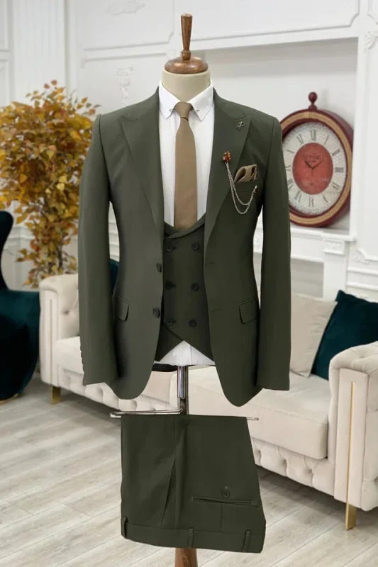 Dark Green Peaked Lapel Three Pieces Business Suits Slim Fit Wedding Suits