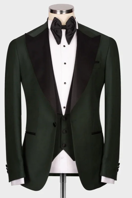 Dark Green Satin Three Pieces Business Suits with Black Peaked Lapel Slim Fit Bow Tie Wedding Suit