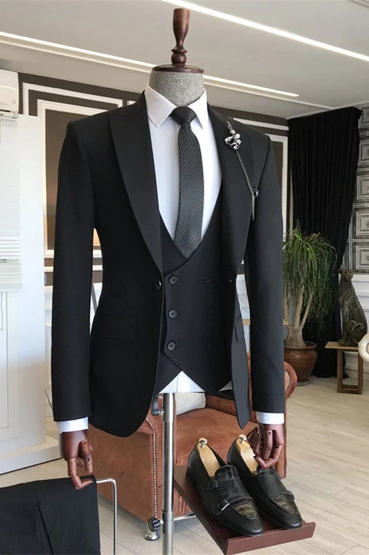 Formal Black Peaked Lapel Three Pieces Business Suits for Men Slim Fit Wedding Suits