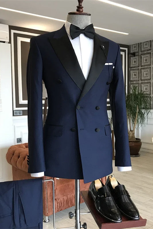 Navy Blue Peaked Lapel Double Breasted Two Pieces Men Suits For Wedding