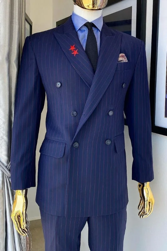 Navy Blue Peaked Lapel Two Pieces Striped Business Suits Wedding Suit for Groom