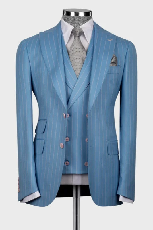 Ocean Blue Striped Peaked Lapel Three Pieces Business Suits Prom Suits