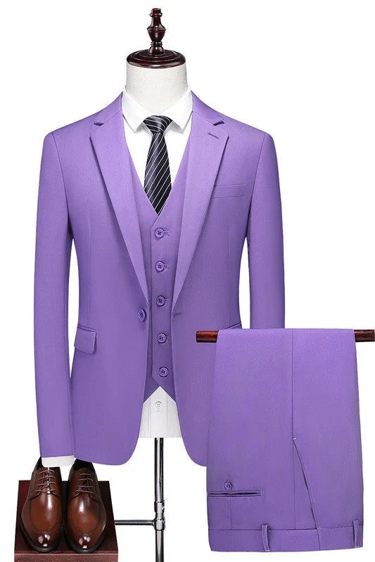 Purple Notched Lapel Three Pieces Prom Suits One Button Wedding Groom Suits